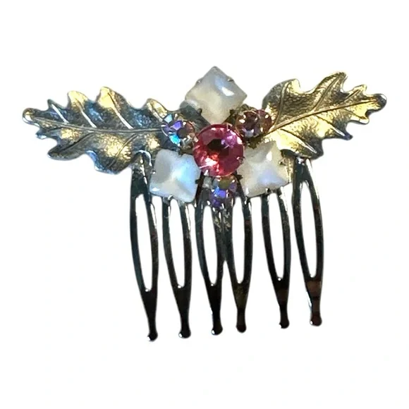 Bridal Silver Leaf Hair Comb Pink Crystal Vintage-Inspired Statement Accessory - Picture 2 of 3